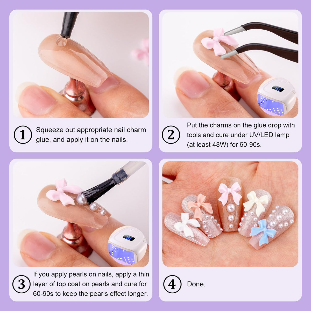120 Pcs 3D Nail Bow Charms + 2-4mm Nail Pearls Set 9, Pink White Lilac Bow Nail Charms and White Flatback Pearls with Nail Charm Glue Gel(UV Needed) and Pickup Tools for Nail Art Decoration
