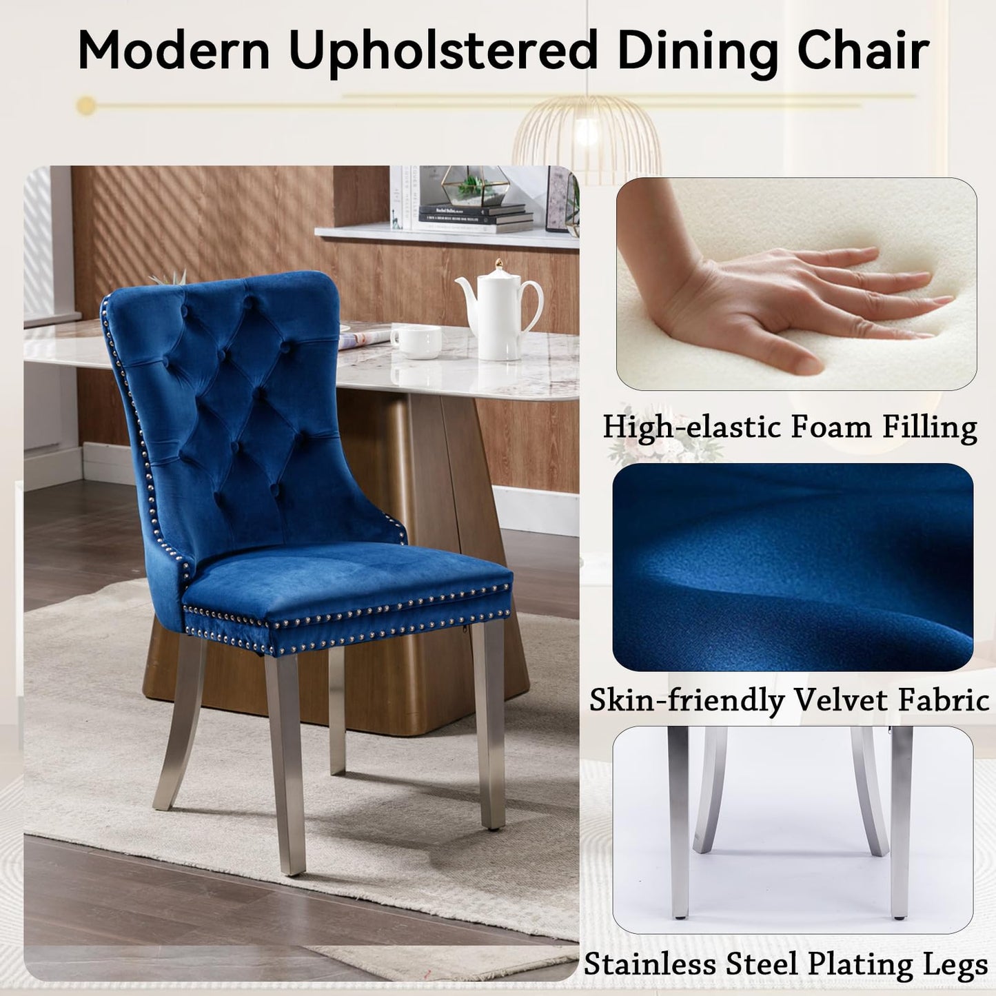 White Marble Extendable Dining Table Set for 10, 11-Piece Extendable Kitchen Table Set with 10 Blue Velvet Chairs, Modern 63"-94" Expandable Dining Room Table Set with Mirrored Pedestal for Kitchen