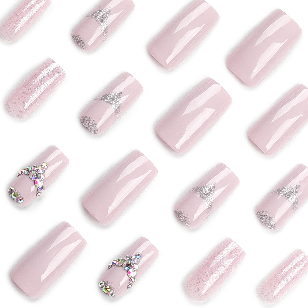IMSOHOT Press on Nails Medium Square Rhinestone Pink Fake Nails Bling Glitter Glossy False Nail Artificial Glue on Nails Finger Manicure for Women and Girls 24pcs