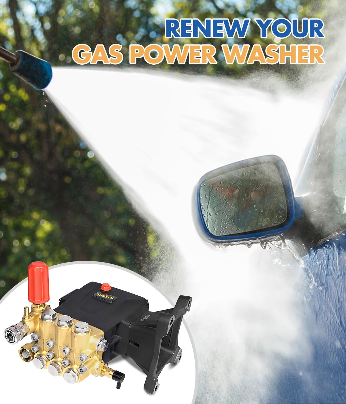 TOOLCY Pressure Washer Pump Max 4400 PSI 4.2 GPM, 1" Shaft Horizontal Gas Power Washer Pump Replacement, Direct Drive Triplex Plunger Replacement Pump with Pressure Adjustment Unloader, 5 Nozzle Tips