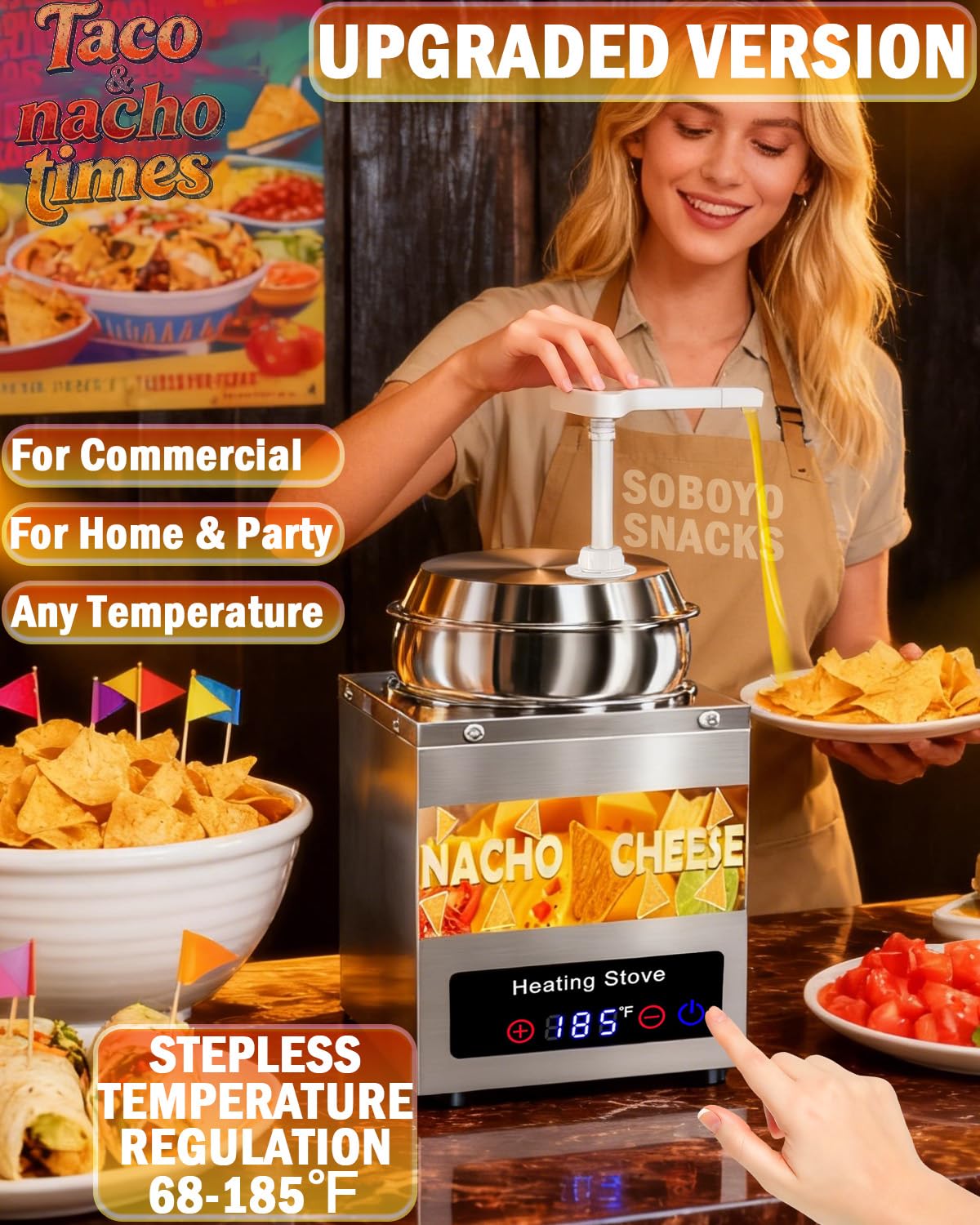 Nacho Cheese Dispenser with Pump - 7.6 QT Nacho Cheese Sauce Warmer Machine, Hot Fudge Warmer with 6-Level Temperature Adjustment, Commercial Dispenser for Syrup Hot Chili Caramel Peanut Butter
