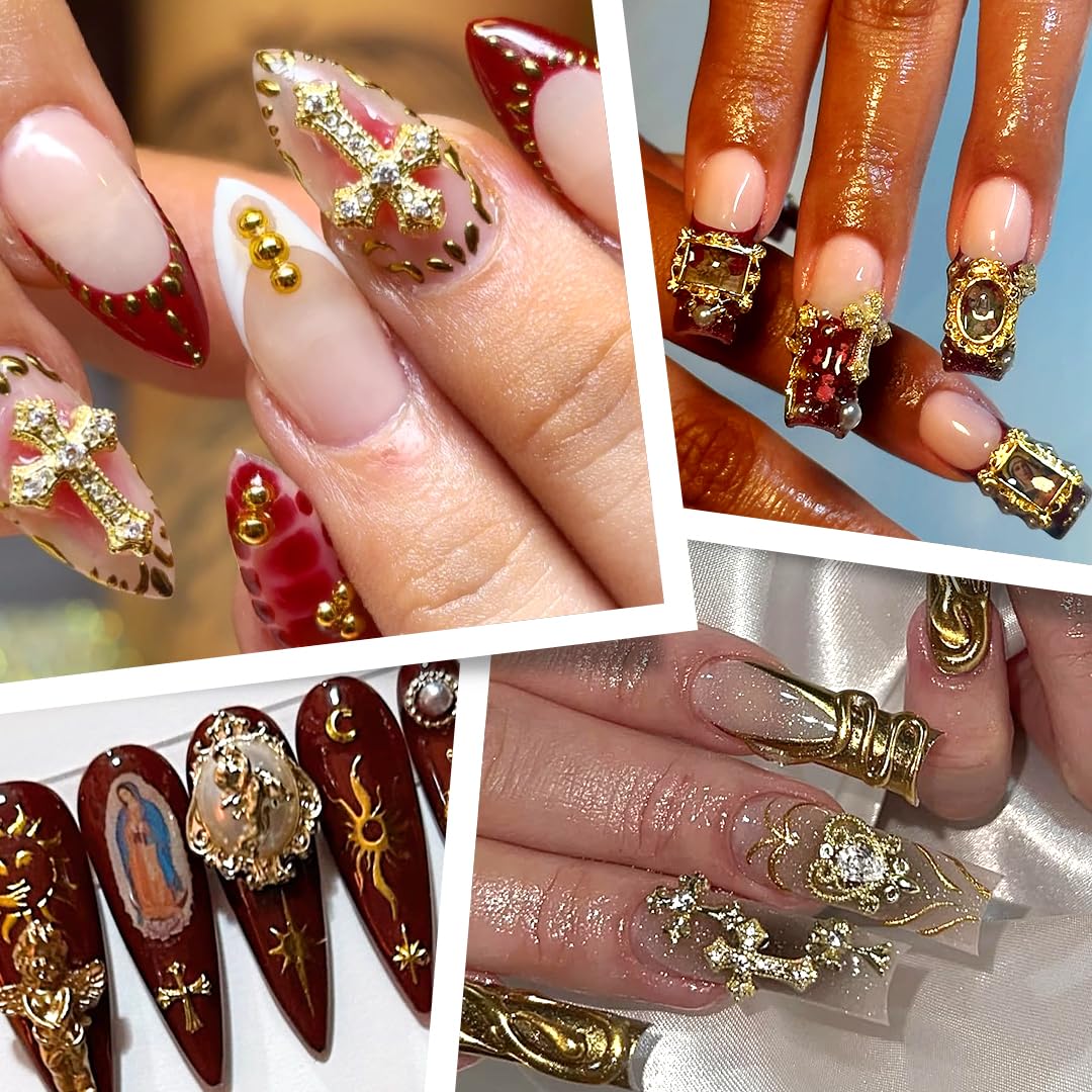 3D Luxury Cross Nail Charms,Gold White Flat Back Pearls Half Bead for Crafting,Cute Y2k Nail Rhinestones Gems for Nail Art Heart Flower Virgin Mary Angel Religious Charms Nail Chains Bulk