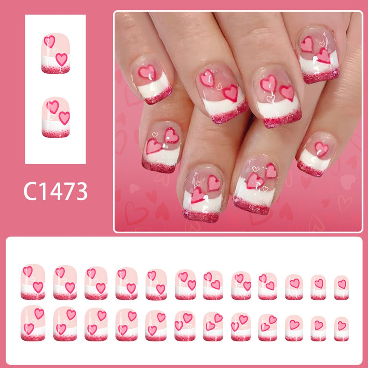 Valentines Press on Nails Short Square Artificial Acrylic Fingernails French Glitter Tip False Nails Pink Love Coffin Nail Full Cover Glossy Heart Stick on Nail for Women Festival Manicure 24Pcs