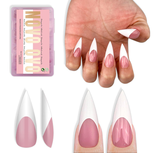 NOVO OVO White French Tip Sharp Stiletto Pointed Medium Long Nail Tips Press on Berry Pink, Soft Gel Fake Acrylic Extension, Full Cover False Nails for Salon DIY x 16 Sizes 160 pcs