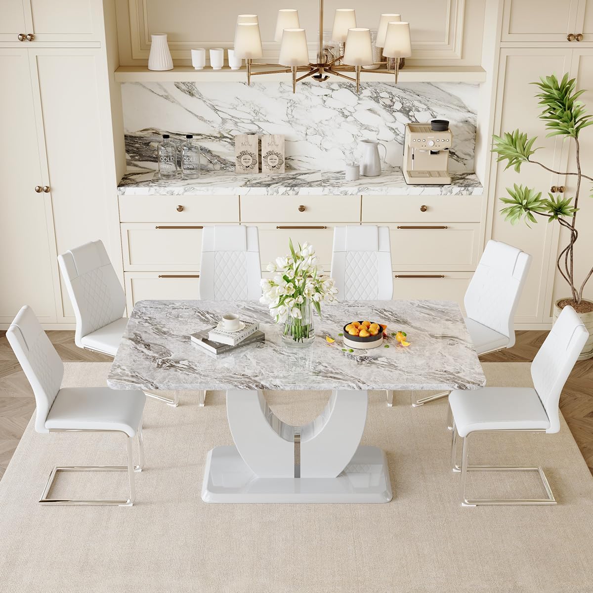 JUFU Dining Table Set for 6 with Chairs PU Upholstered, 63'' Gray Faux Marble Dining Room Table and Chairs, Modern 6 Piece Dining Table Set, Rectangle Dinner Table Set for Dining Room and Kitchen