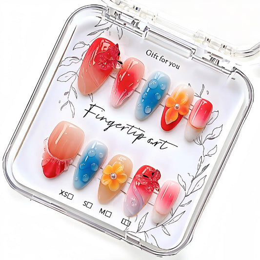 Handmade Press on Nails Almond French Tip, Summer Butterfly Fake Nails, Reusable Acrylic False Nails for Women, Luxury Pink Blue Flower Press on Nails 10Pcs (Size M)