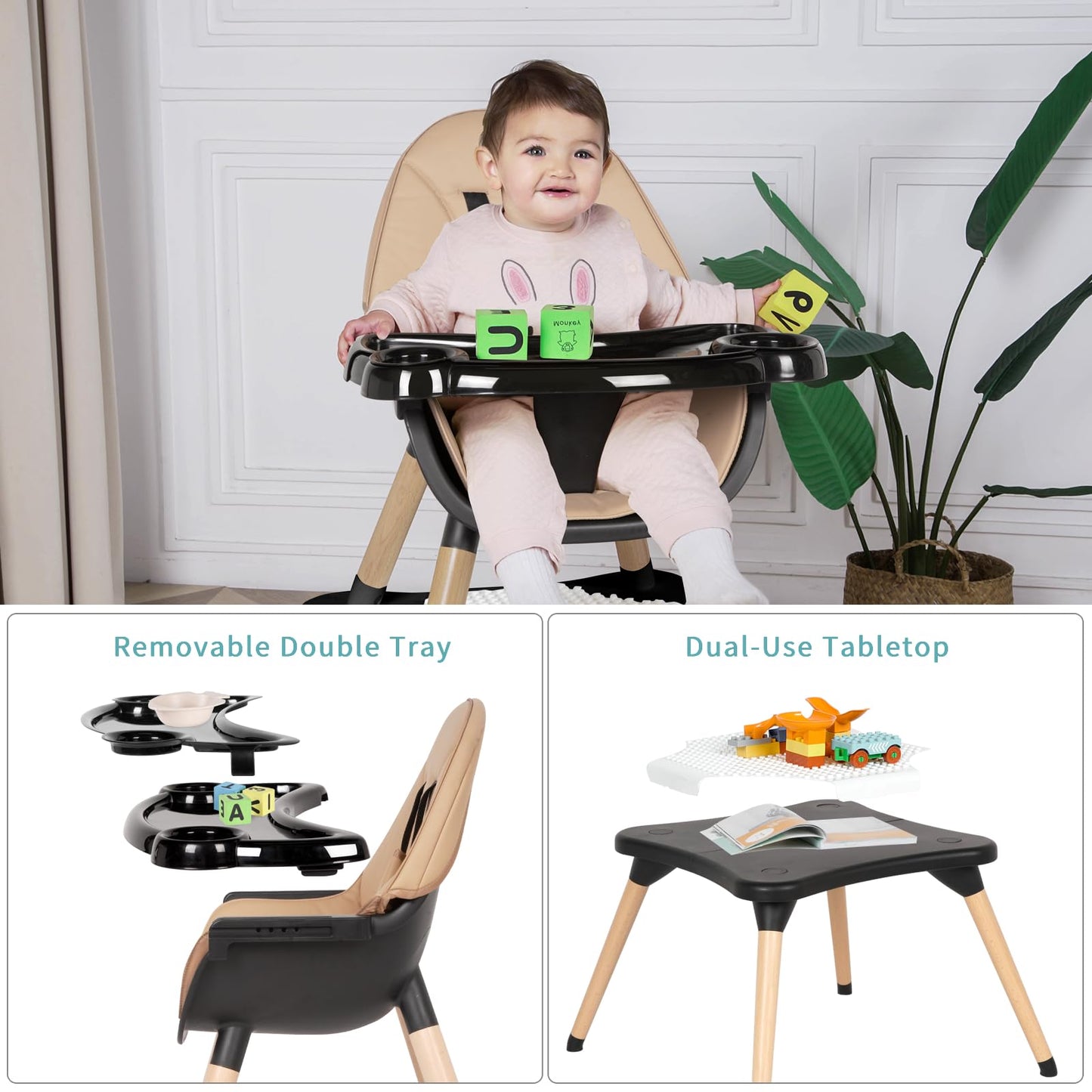 6 in 1 High Chair for Babies & Toddlers, Convertible Wooden Baby Highchair, Table and Chair Set, Baby Feeding Chair, 5-Point Adjustable Harness/4-Position Removable Tray& PU Seat Cushion (Black)