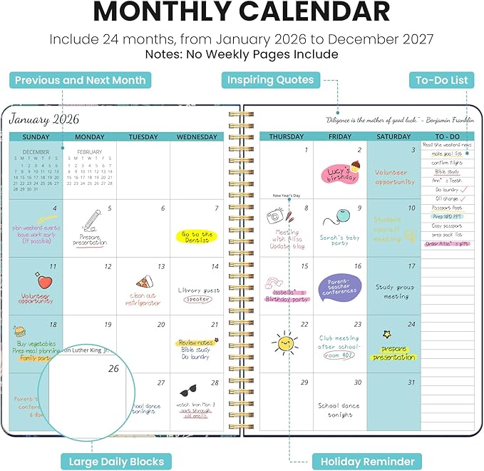 Monthly Planner 2026-2027, 2 Year Months Calendar Planner 2026-2027, Runs from January 2026 - December 2027, 7" x 10", 24 Months, Perfect for School Office Home Planning - Midnight Cranes