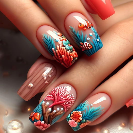Press on Nails Medium Length Square Nails Artificial Acrylic Colorful Coral Fish Flower Pattern with Stripe Design Glossy Stick on Nail Full Cover Coffin Fingernails for Women Glue on Nail Manicure
