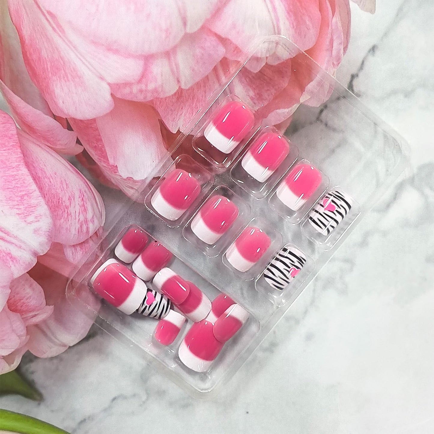 24Pcs Valentines Press on Nails Short Square Artificial Acrylic French White Tip Fake Nails Black Lines with Pink Love Full Cover Glossy Glue on Nail Heart Stick on Nail for Women Festival Manicure