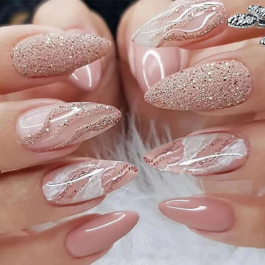 Almond Press On Nails - Medium Nude pink Fake Nail swith Glittery Lines Designs Glossy Finished Reusable False Nails with Glue Tabs - 24Pcs Nail Kit for Women Manicure