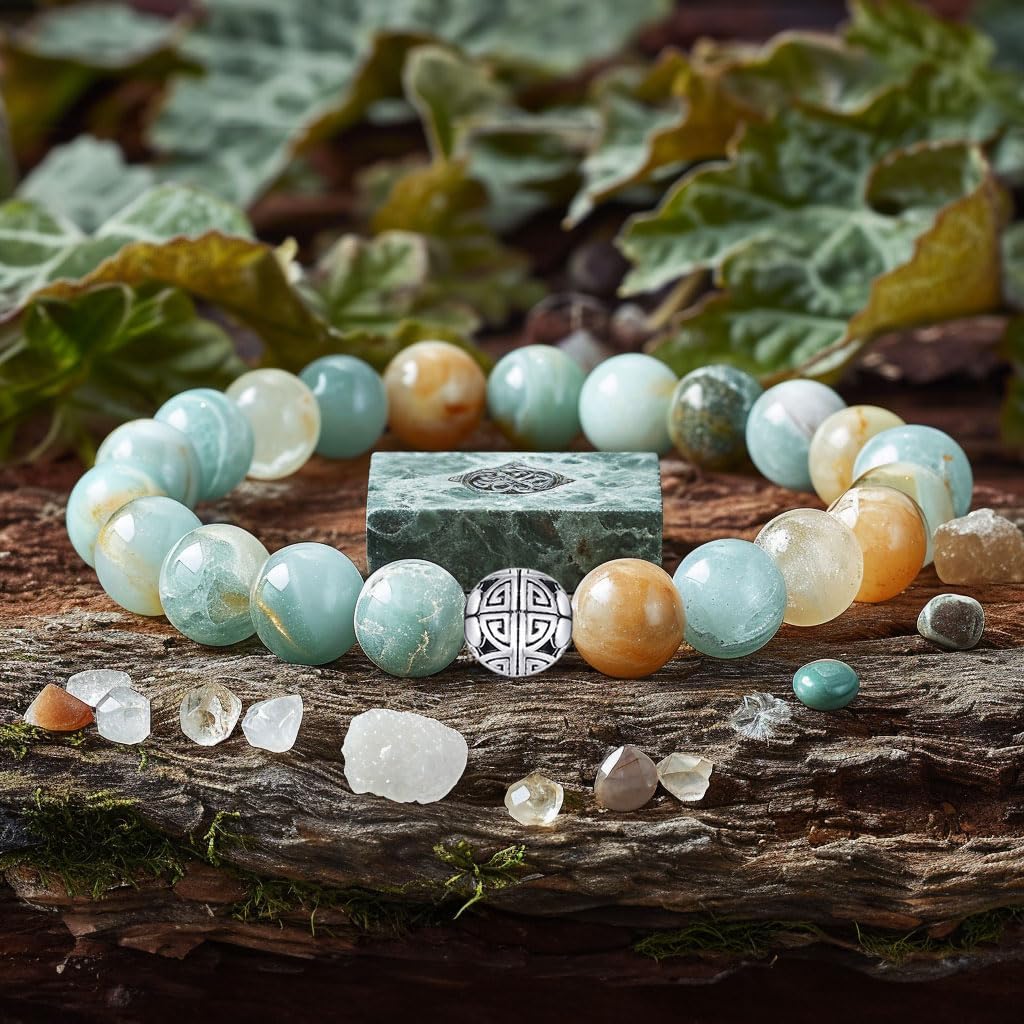 MetJakt Healing Crystals Beaded Bracelets for Womens Natural Gemstone 8mm Beads Stretch Bracelets with 925 Sterling Silver Double Happiness Pendant (Amazonite)