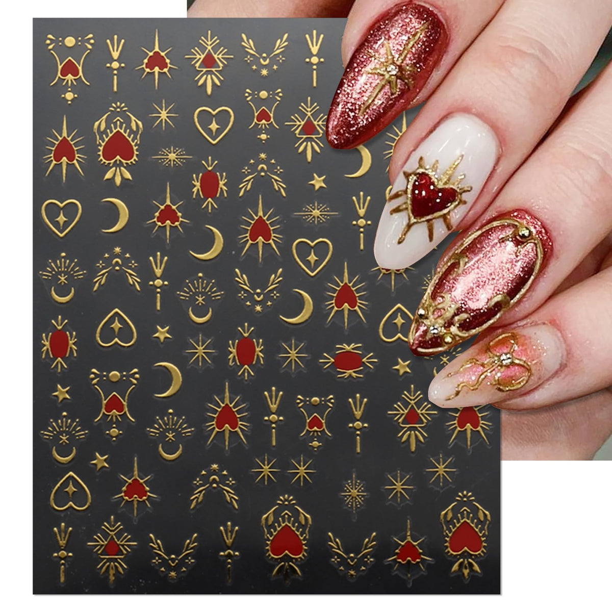 IDDFEVE 9 Sheets Gold Heart Nail Art Stickers - Valentines Day Self-Adhesive 3D Nail Decals for DIY Golden Silvery Manicure