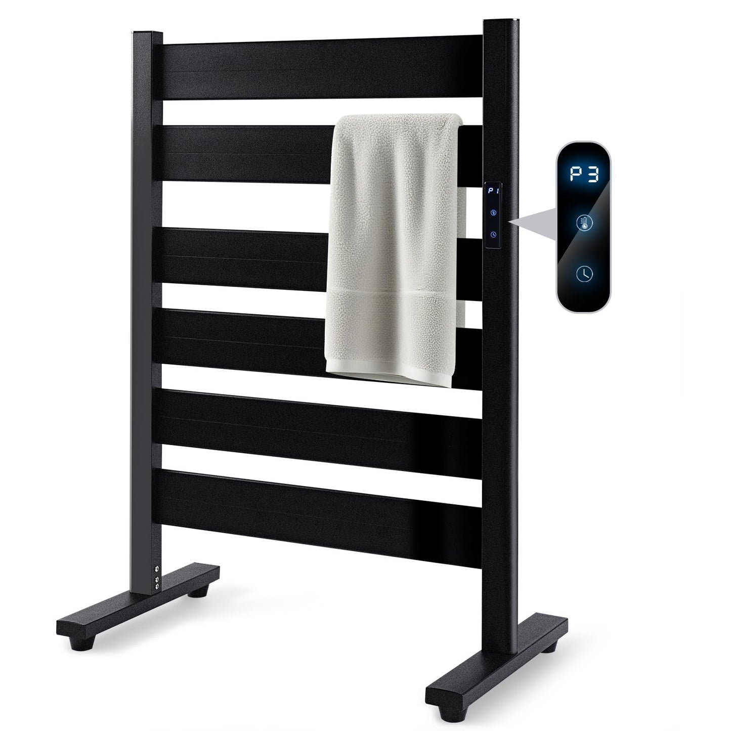 Towel Warmer Rack with 6 Widened Bars, Wall-Mounted Heated Towel Dryer with Timer, LED Display, 3 Temp Levels, Plug Overheat Protection, for Bathroom Spa Laundry (Matte Black)
