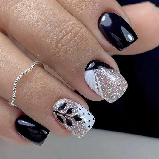 Vezocim Leaf Press on Nails Square Shapes, 24Pcs Black Short Artificial Fake Nails with Leaf Designs, Full Cover Glossy Coffin Acrylic False Nails, Stick on Fingernails for Women Girls(W1103)
