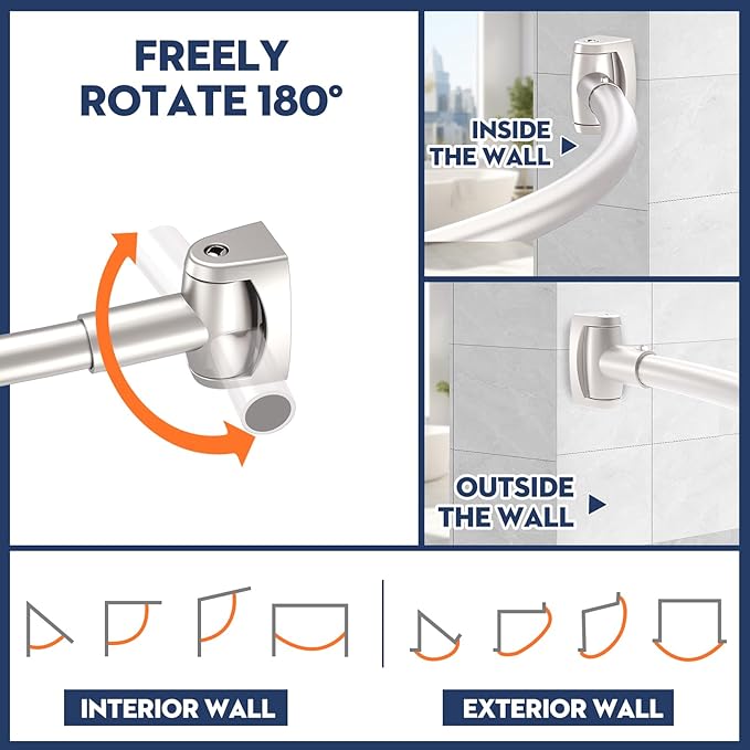 Brushed Nickel Curved Shower Curtain Rod 33-78 Inches Adjustable Splicing Design Shower Rods Curved Round Bowed Rust proof, Need To Drill Shower Curtain Rod for Bathroom, Bathtub, Stall