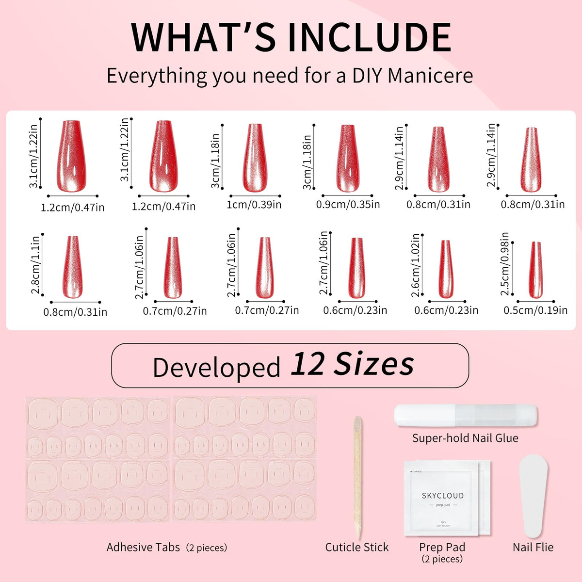 Dark Red Cat Eyes Press On Nails,12 Sizes-24 Pcs Soft Gel Red Long Coffin Fake Nails Kit with Nail Glue, Natural Reusable Stick On False Nails for Women and Girls SK1047