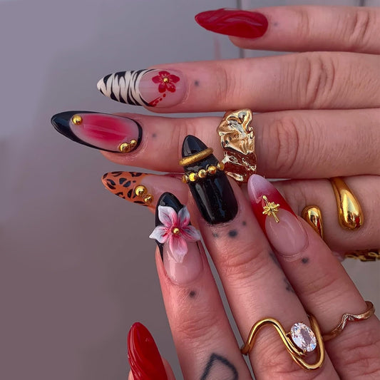 SEENEEY Almond Press on Nails Long Fake Nails Red Artificial Nail Black French Pink Floral and Gold Charm Designs Cute Stick on Nail for Women 24pcs