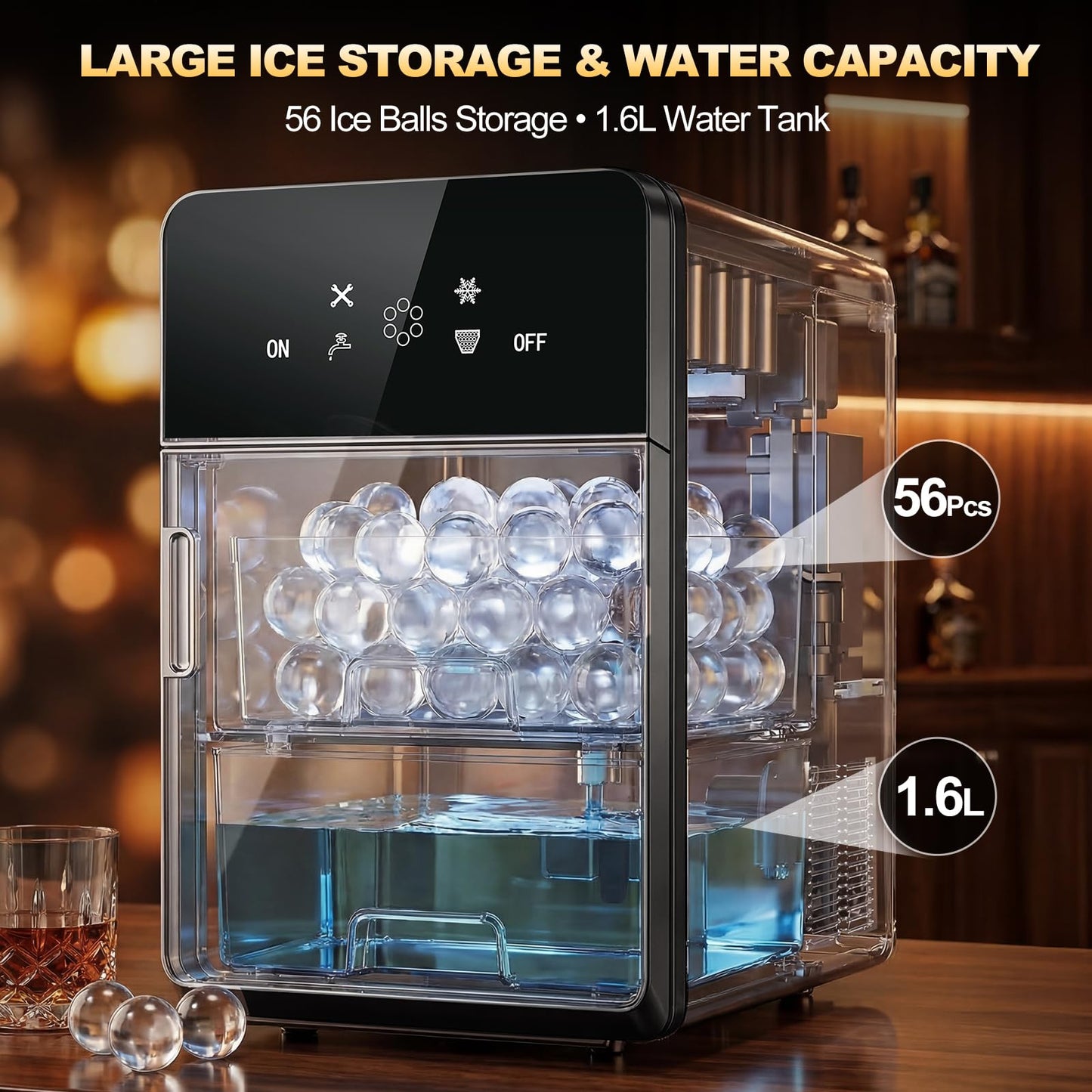 SOZT® 2" Ice Ball Maker Countertop, 4Pcs Ready in 40Mins, 144Pcs/Day, Sphere Ice Maker Machine with Self-Cleaning, Auto & Manual Fill, Round Ice Cube Maker for Home Bar Whiskey Bourbon