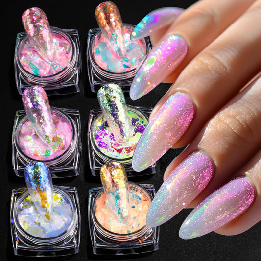 Chameleon Nail Glitter Flakes,6 Colors Ice Transparent Aurora Opal Sequins Chrome Iridescent Pigment Nail Art Paillettes Kits, Ultra-Thin Mermaid Nail Chunky Glitter for Nails Art Decoration DIY Craft