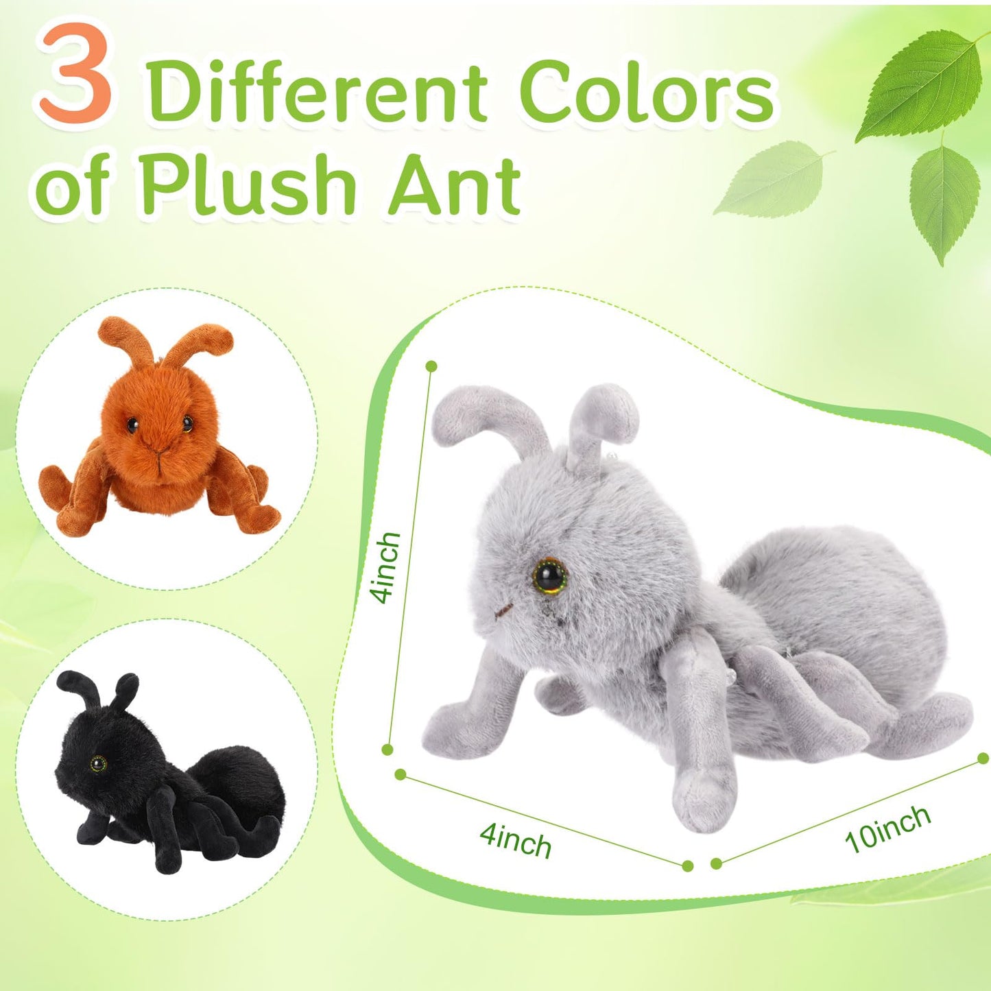 Shappy 3 PCS Plush Ant Set 10'' Soft Stuffed Ant Toys for Kids - Perfect for Hugging, Playtime, and Gifts - Durable, Washable, and Realistic for Birthdays and Holidays(Brown, Black, Gray)