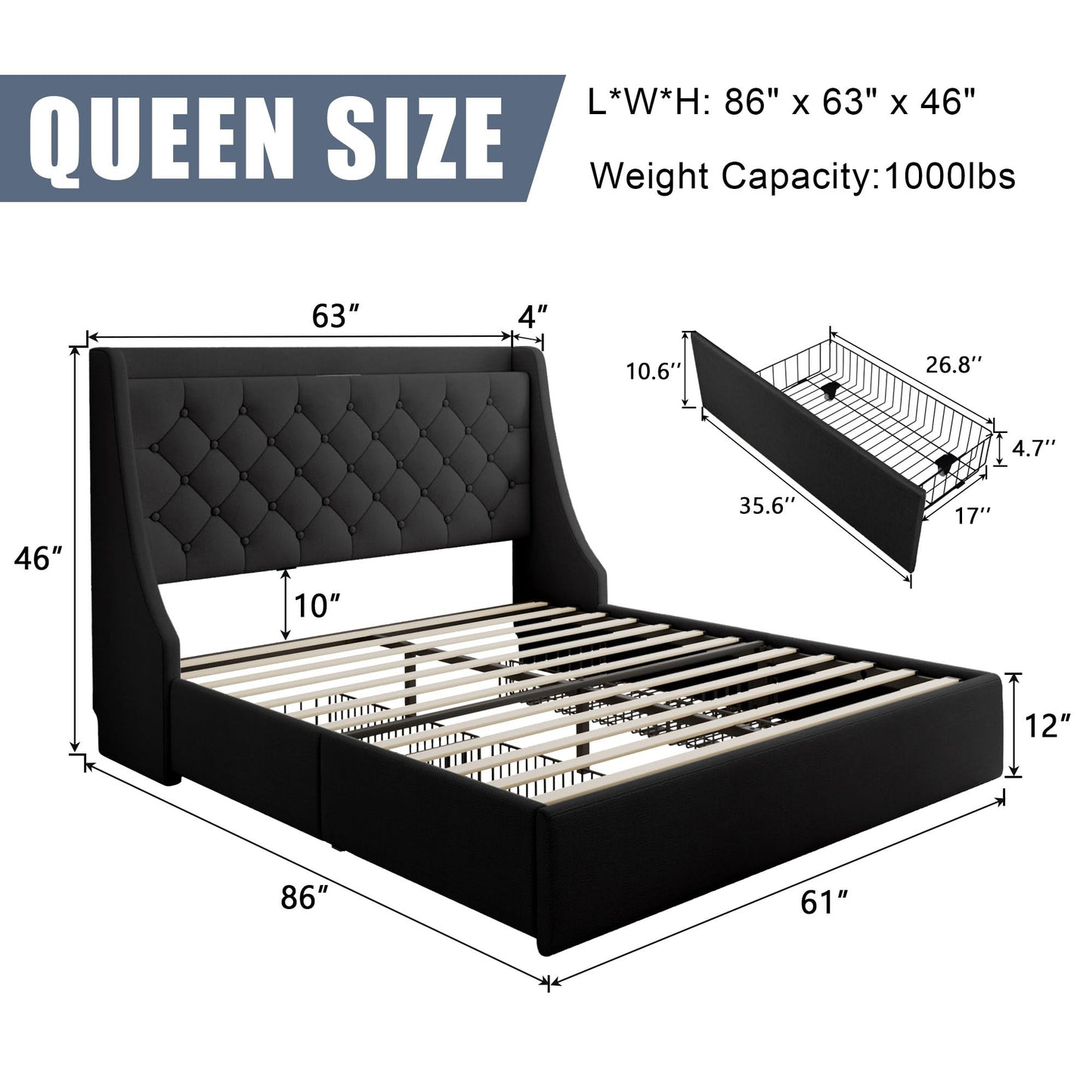 AMBERHAUS Queen Size Upholstered Platform Bed Frame with 4 Storage Drawers and Charging Station, Linen Button Tufted Wingback Headboard, Sturdy Wooden Support Slats, No Box Spring Needed, Black