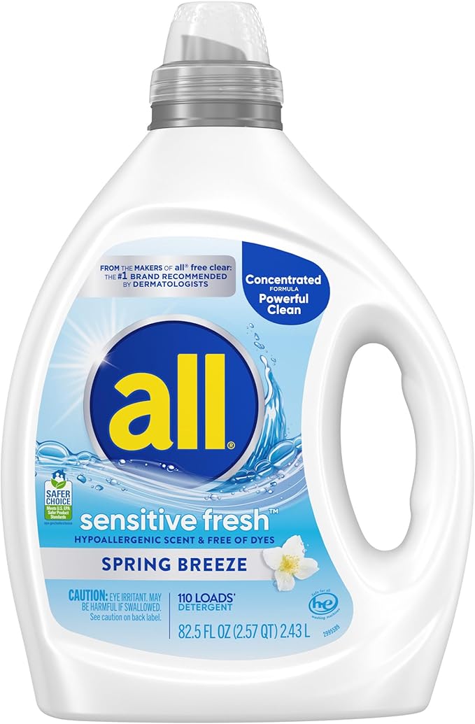 all sensitive freshâ¢, Spring Breeze, Scented Liquid Laundry Detergent for Sensitive Skin, Hypoallergenic, Free of Dyes, Concentrated, 82.5oz, 110 Loads