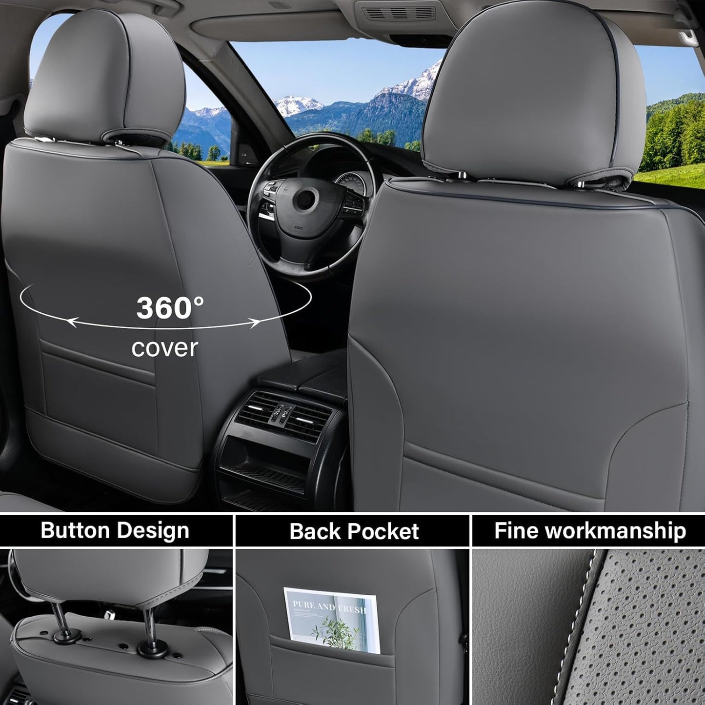 Coverado Universal Seat Covers Full Set, 5 Seats Universal Seat Covers for Cars, Waterproof Nappa Leather Car Seat Covers with Head Pillow, Auto Protectors Fit for Most Sedans SUV Pick-up Truck-Gray