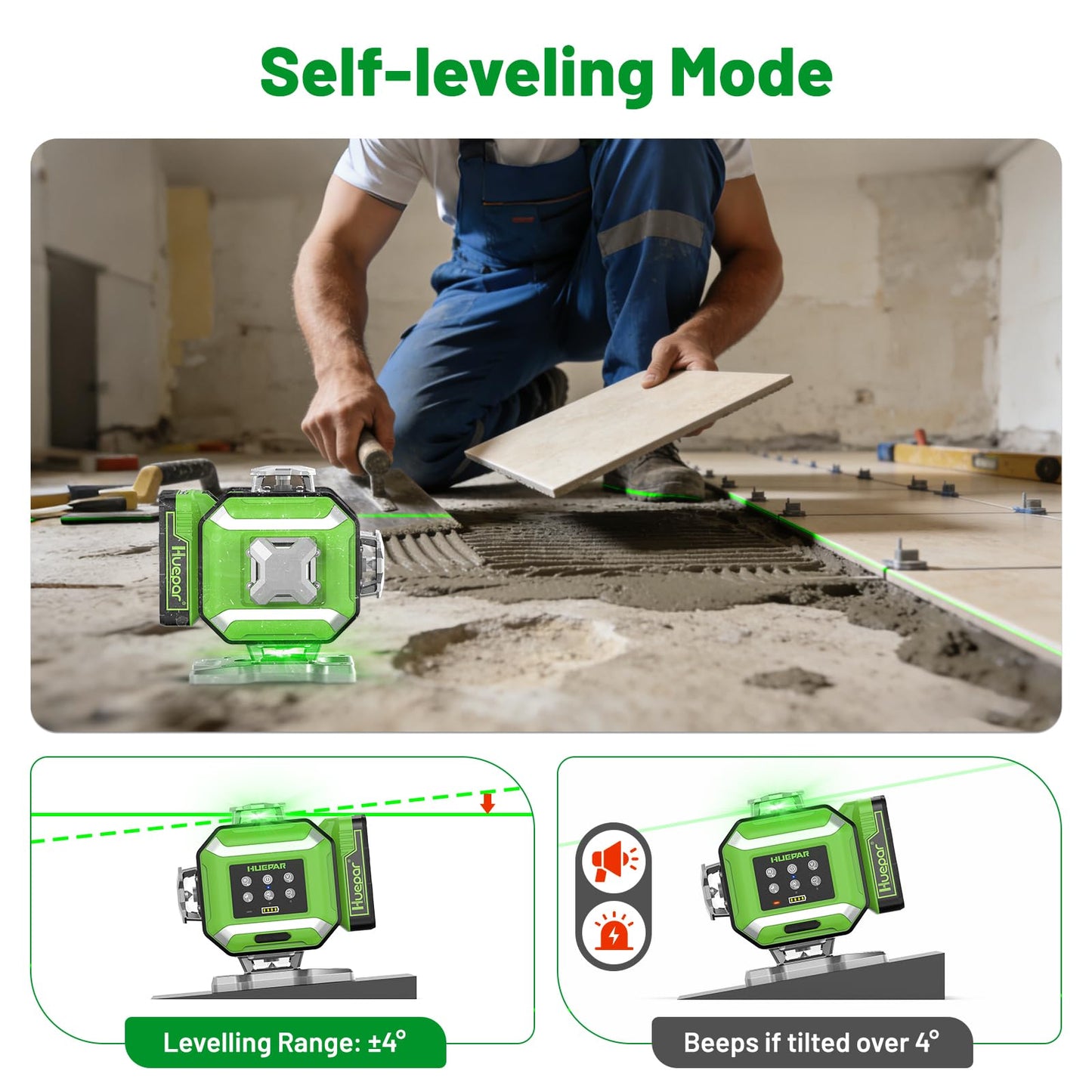 Huepar Electronic Laser Level, 4 x 360° Green Self Leveling Lazer Leveler Tool Kit with High Accuracy & Slope Function, No Swing Design, Adjustable Brightness with Flash Mode, Rechargeable -DP04CG