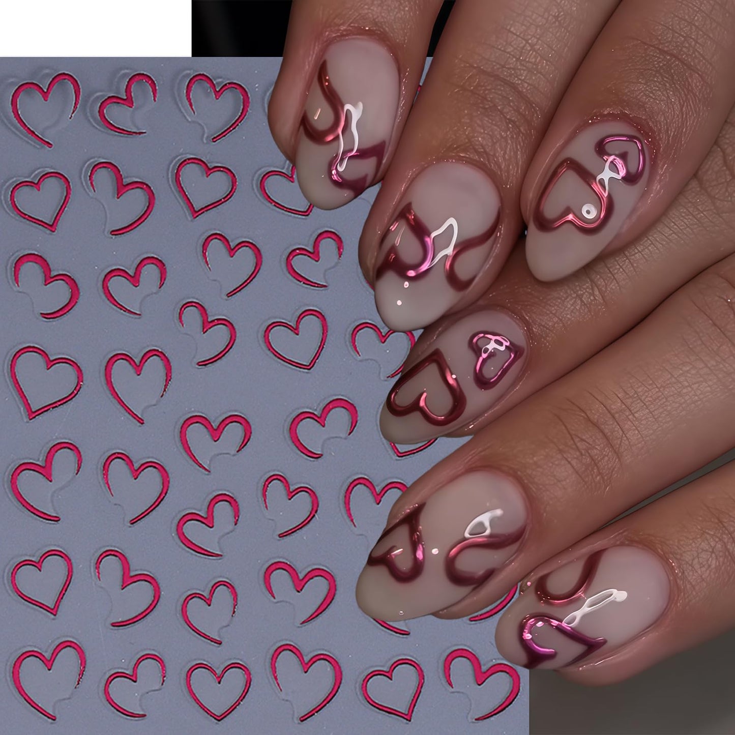 8 Sheets Heart Nail Art Stickers Valentines 3D Self-Adhesive Nail Decals Red Silver Gold Hollow Hearts Nail Design Heart Acrylic Decoration DIY for Women Manicure Supplies Decorations Accessories