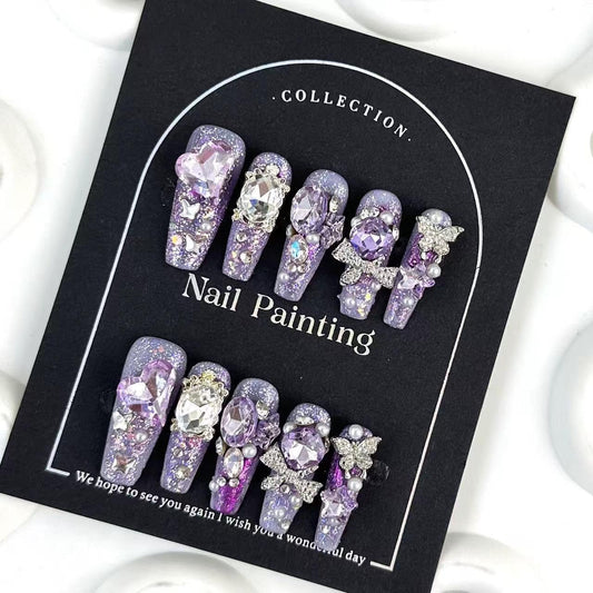 100% 5D Handmade Press on Nails Diamond Long Coffin Nails Press ons Purple Glitter False Nails Rhinestone Silver Butterfly Charms Press on Nails for Women Girls Daily Wear DIY Manicure Size M