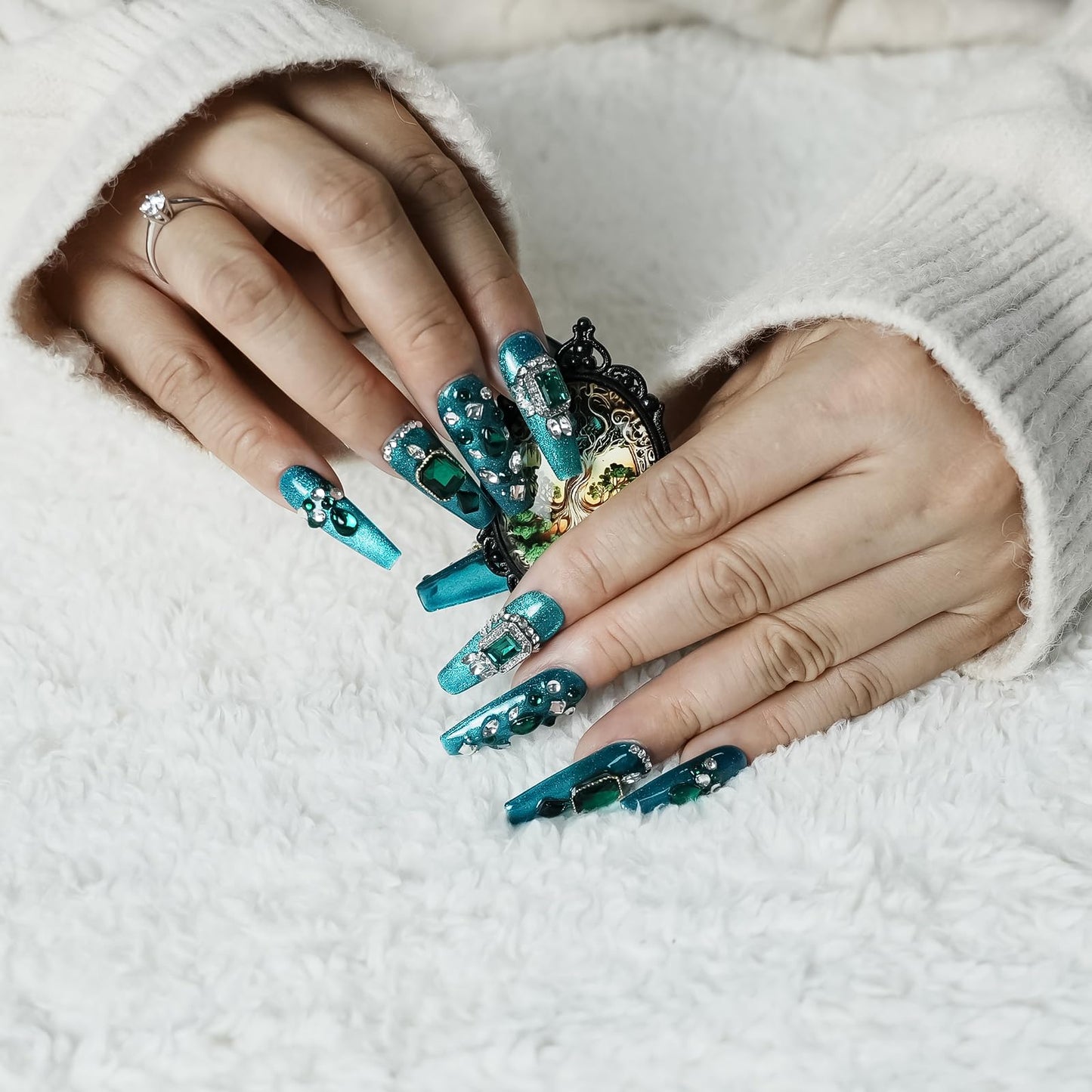 Tesytto Handmade Emerald Green Press on Nails with 3D Luxury Crystals - Long Coffin Fake Nails for Wedding Prom, Reusable Salon Quality Stick on Nails(Emerald Green Sparkle,M)