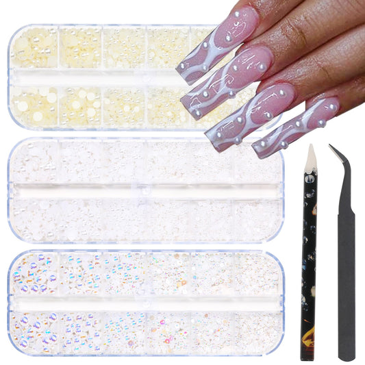Nail Flatback Pearls White Nail Art Pearls AB Color Nail Pearls for Nail Art DIY Jewelry Pearls for Nails,with Pickup Pen and Tweezer Pearl Nail Gems Nail Art Pearls Mini Decoration Accessories Kit