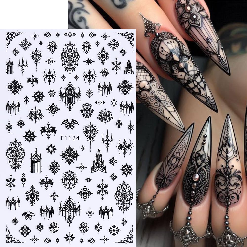 7 Sheets Black Gothic Nail Stickers for Nail Art, 3D Self-Adhesive Witchy Halloween Nail Decals, Nail Supplies Nail Art Designs Accessories for Women and Girls Manicure DIY Decoration