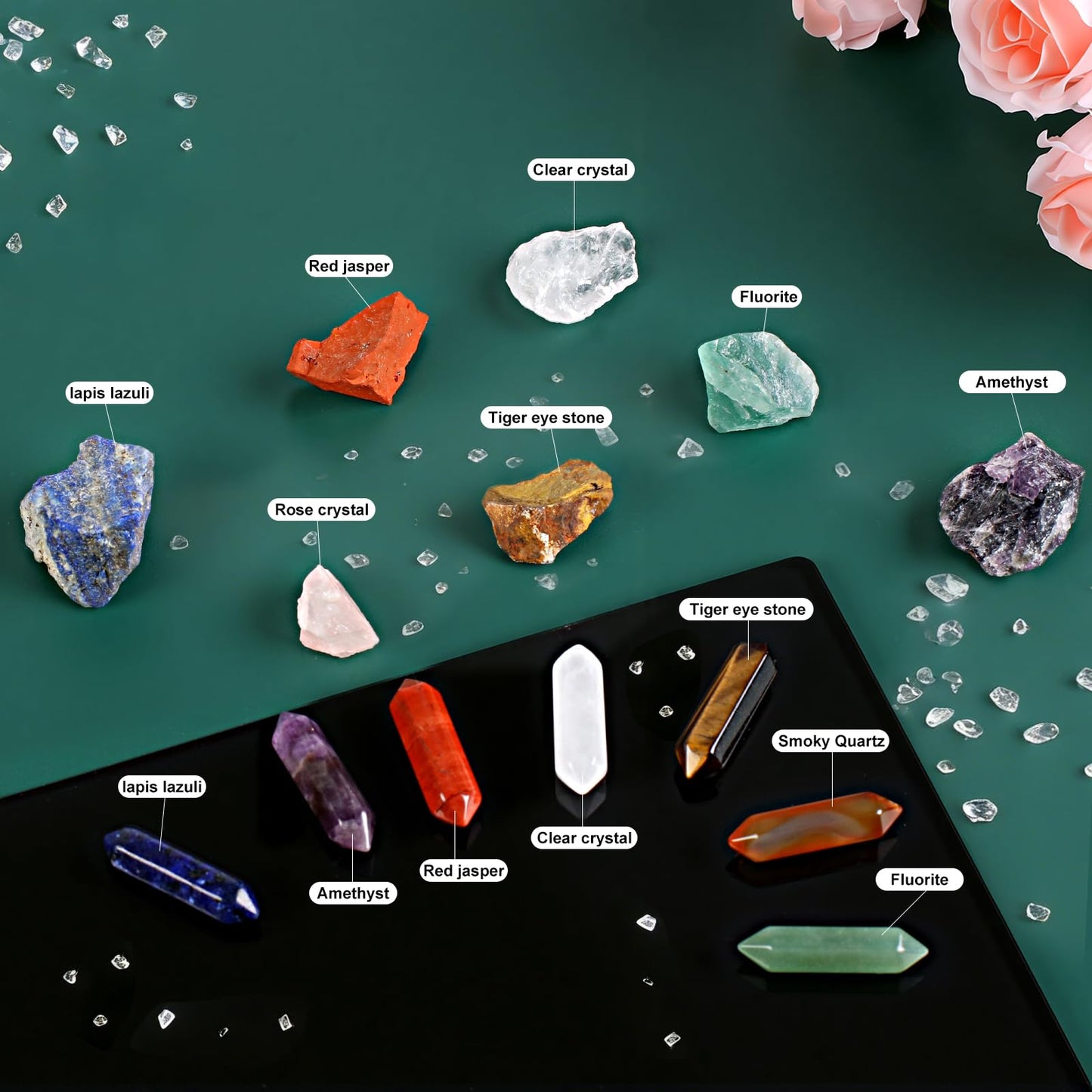 14 PCS Healing Crystals Stones Set for Energy Alignment, Natural Wands Pocket Amethyst, Crystal Rose Quartz, Assorted Raw Chakra Stones Positive Energy for Spiritual Meditation, Valentine's Day Gift