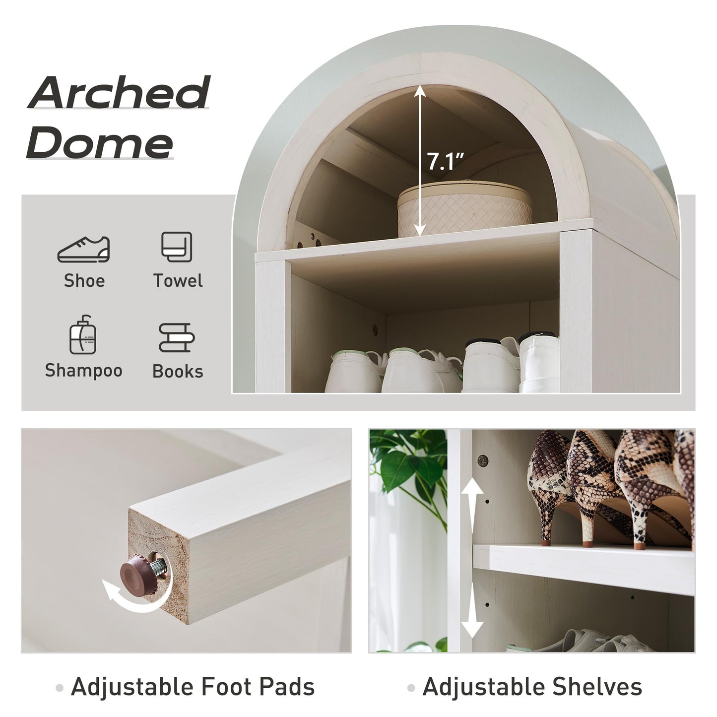 IFGET 71" Tall Arched Bookshelf, 8 Tiers Arch Bookcase with Storage, Modern Farmhouse Book Shelf with Adjustable Shelves, Wood Bookshelf w/Open Display Shelves for Living Room, Office (Antique White)