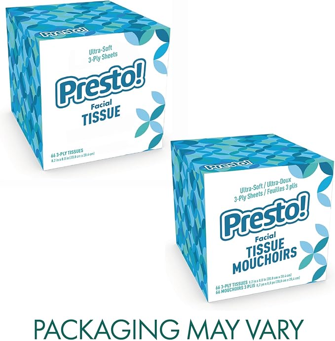 Amazon Brand - Presto! Ultra-Soft 3-Ply Premium Facial Tissues, Colorful Boxes, 1188 Count (18 Packs of 66), (Packaging May Vary)