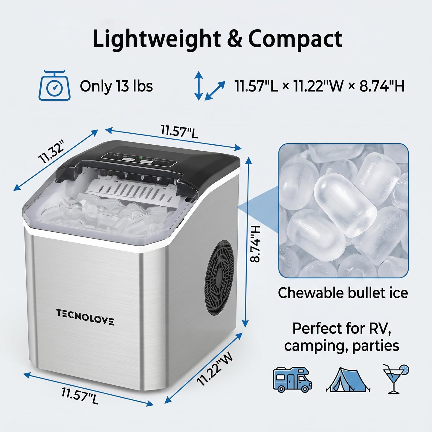 Countertop Ice Maker, 9 Ice Cubes in 10 Minutes, Self-Cleaning Portable Ice Machine with Scoop and Basket, 28lbs/24H, Ultra Quiet Stainless Steel for Home Kitchen Bar Party