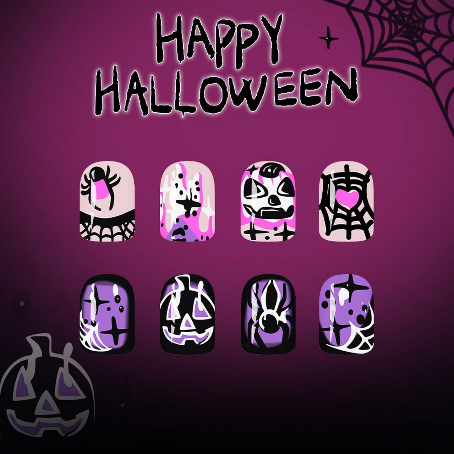 24pcs Halloween Press on Nails Short Square Fake Nails with Pumpkin Spider Web designs Acrylic Nail Pink Purple Press ones Glossy Full Cover Spooky Party Nail Accessories for Women Girls Finger