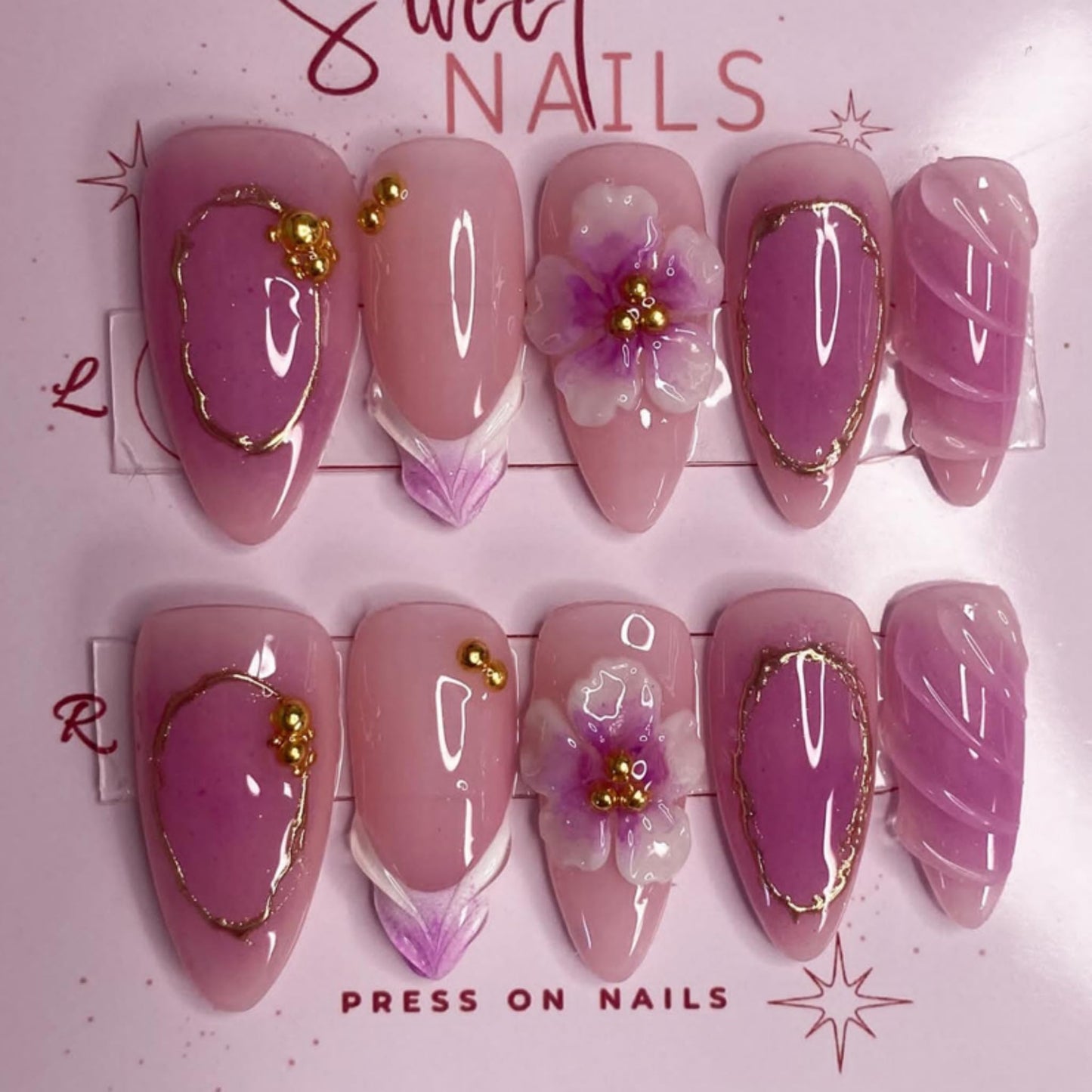 Almond Press on Nails Medium Fake Nails Pink Acrylic Nail Press ons SEENEEY Purple 3D Flowers Gold Charm Designs Cute Beach Stick on Nail for Women 30pcs