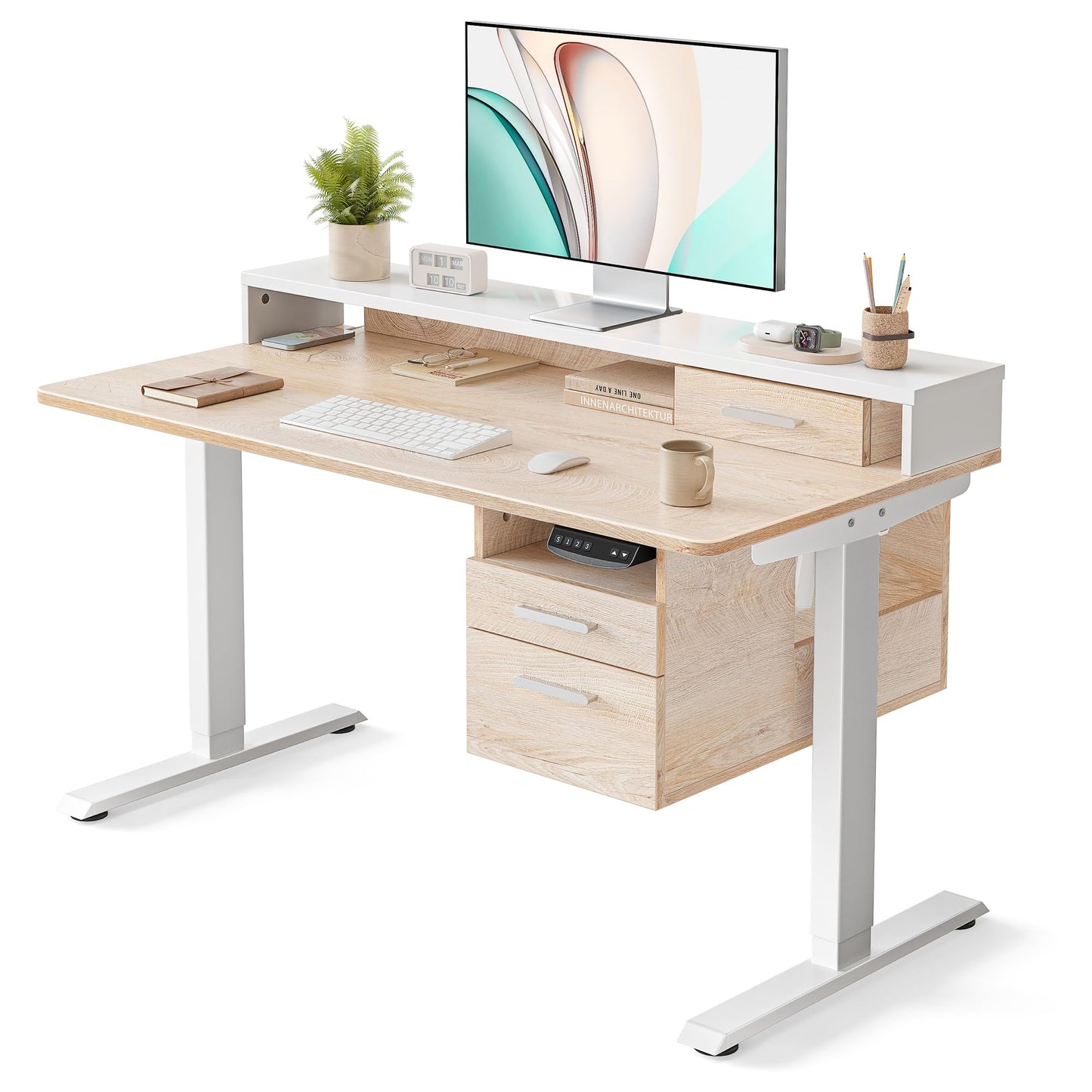 CubiCubi Standing Desk with Wood Drawers, 48" x 24" Electric Height Adjustable Table with Monitor Shelf, 3 Drawers and Open Storage, Computer Home Office Sit and Stand up Workstation, Maple