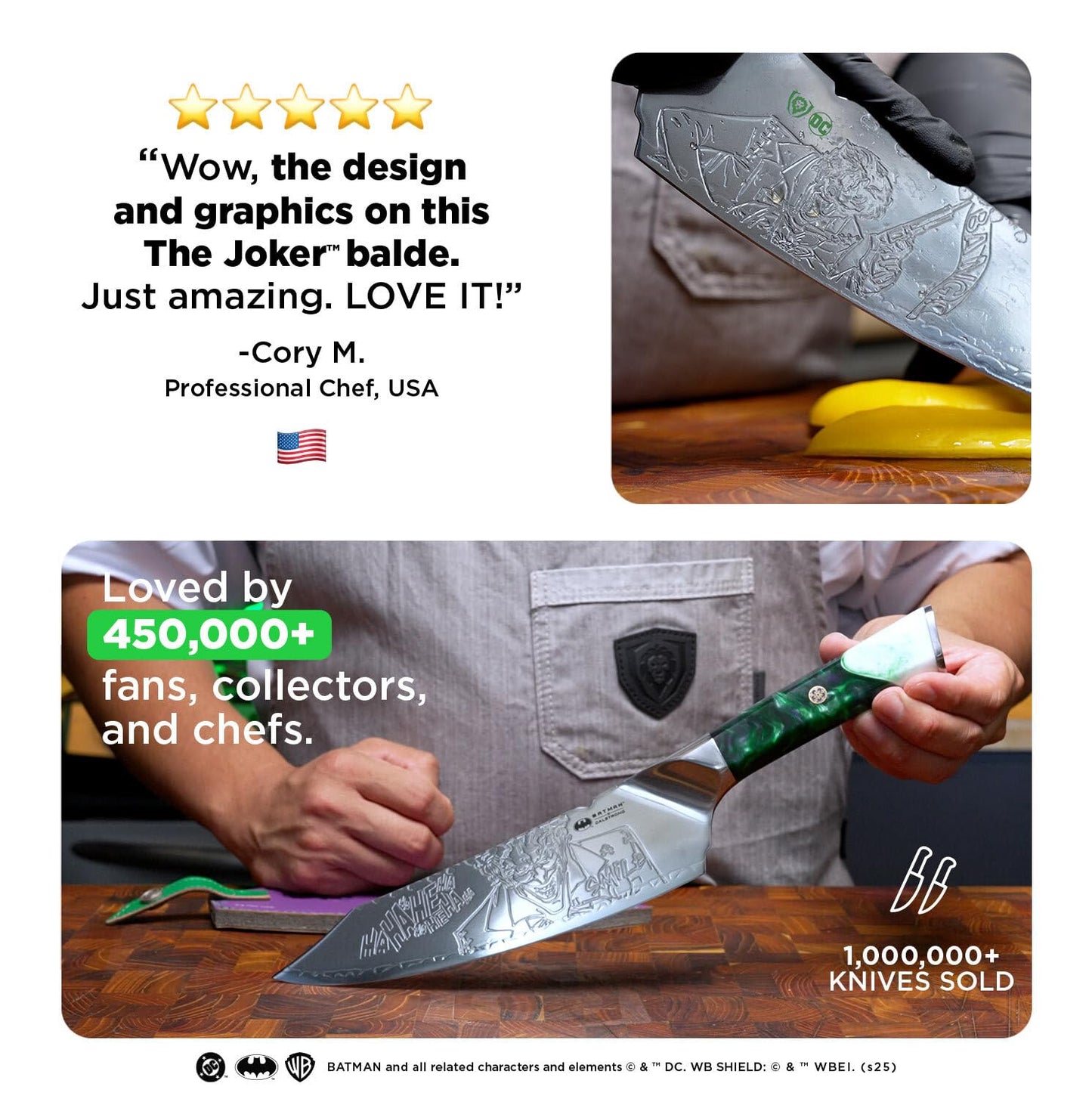 Dalstrong Professional Chef Knife - 8" - THE JOKER Edition Official License - 5 Layer 9CR18MOV Stainless Steel - Resin Handle - Knife Guard