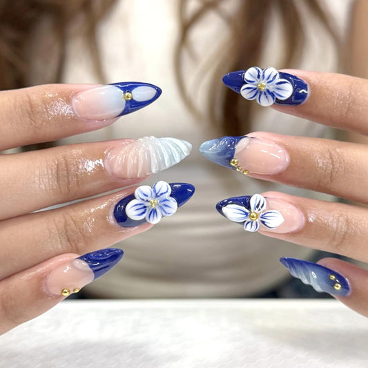 Blue French Tip Press on Nails Medium Almond Fake Nails 3D Gold Carved Ripple Flower Design French Nails Press on Full Cover Nude Stick on Nail Cute False Nail Floral Almond Shaped for Women
