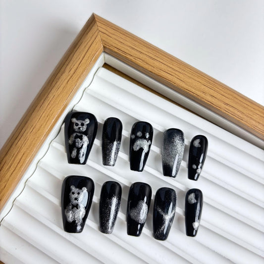 Yabonica Handmade Press On Nails Square,10Pcs Dark Blue False Nails Press Ons with 3D Bling Rhinestones Design,Long Lasting&Reusable Glue On Fake Nail for Woman Girls Party Daily Wear Gift (060P, XS)