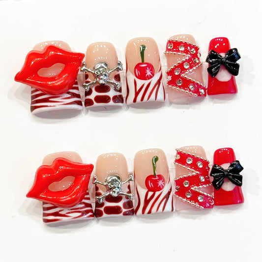 10Pcs Valentines Short Square Press on Nails Handmade Fake Nails French Red Lips Silver Skull Black Bow Design Valentine Full Cover Glue on Nails for Women（Size S）