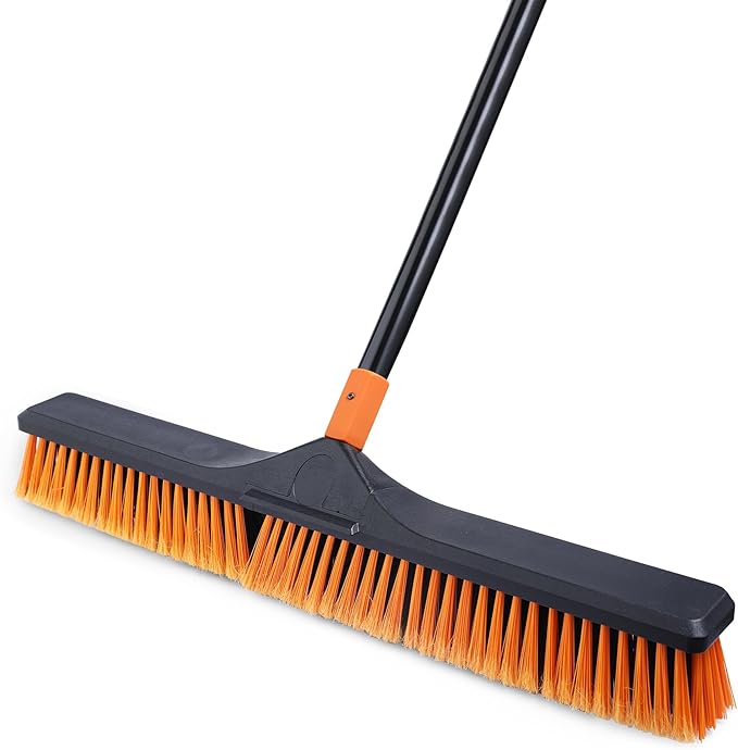 CLEANHOME 24âPush Broom Brush for Floor Cleaning with 65â Long Handle and Stiff Bristles, Heavy Duty Brush for Shop, Deck, Garage, Concrete,Indoor and Outdoor Broom,Orange