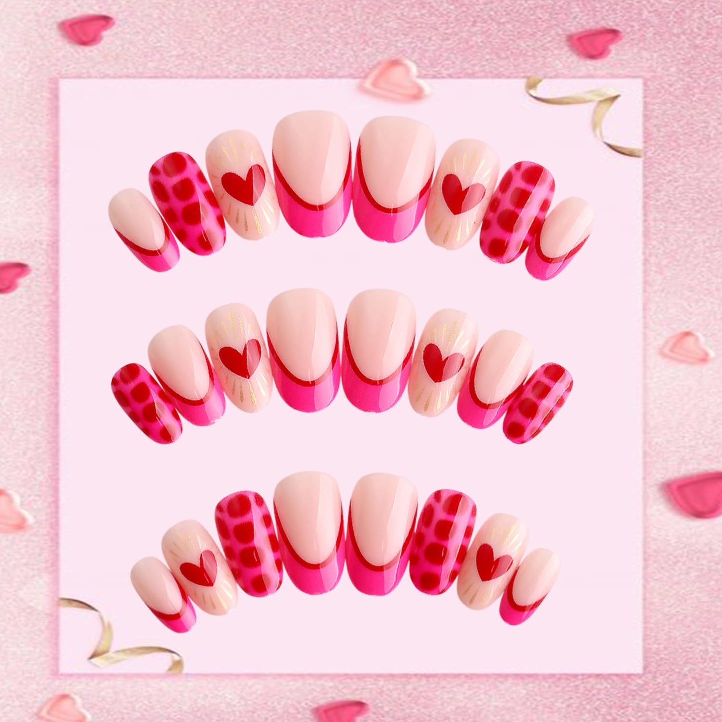 CJDLTS 24Pcs Valentines Press on Nails Short Artificial Acrylic False Nails Oval French Red Love Fake Nail Full Cover Leopard Print Reusable Coffin Artificial Fingernails for Women Festival Manicure