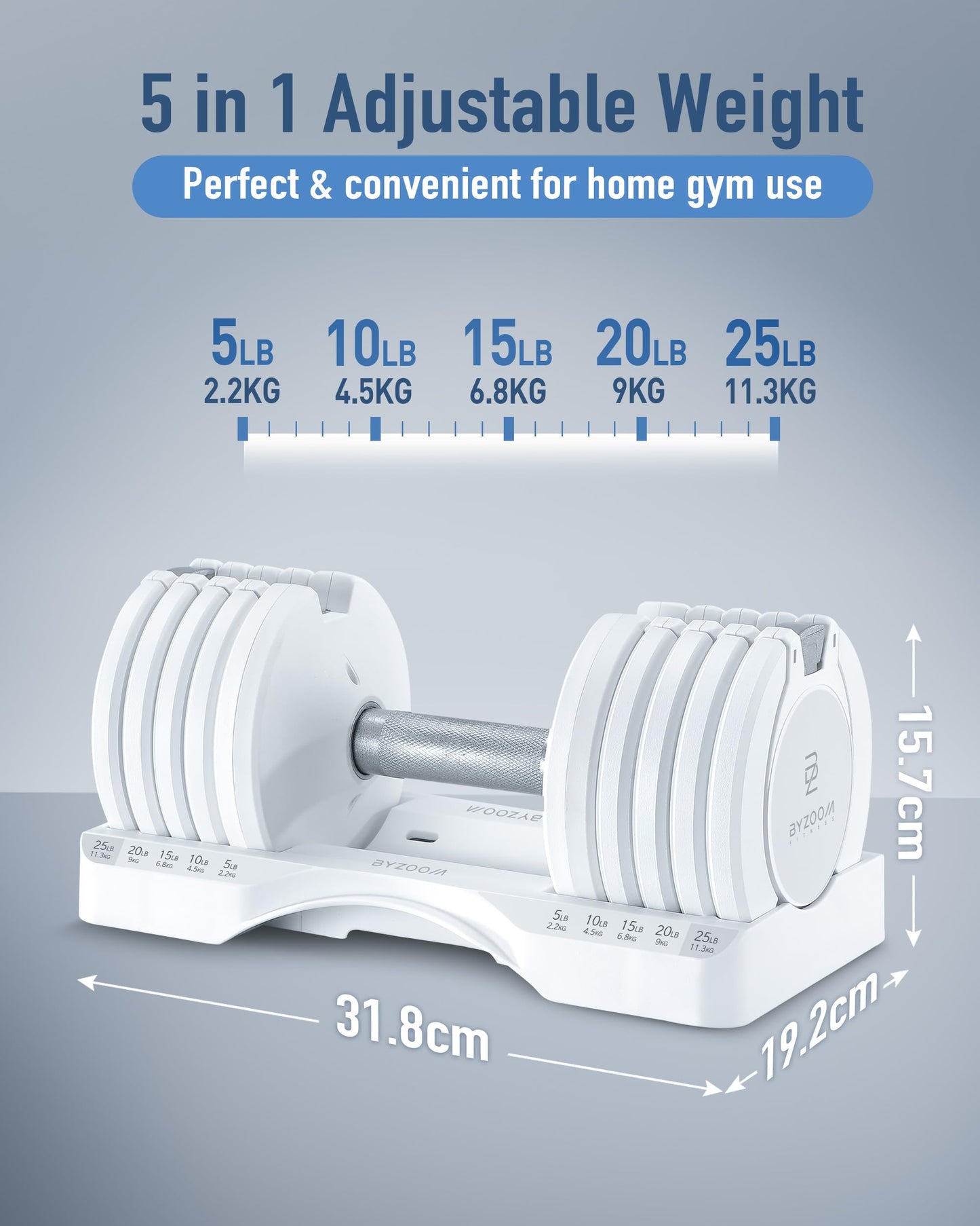 BYZOOM FITNESS White 25lb Adjustable Dumbbells & Easy Bar Barbell Set for Weight Training Body Workout