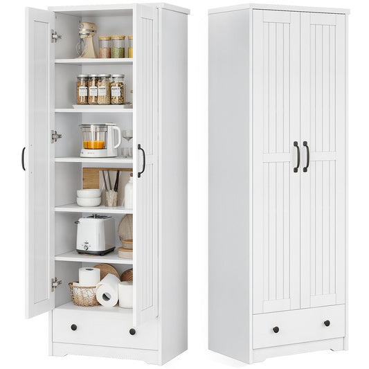 Decofy 70" Tall Storage Cabinets, Large Wood Storage Pantry Cabinet with 6 Adjustable Shelves, Drawer & 2 Striped Doors, Standing Utility Cabinet for Kitchen, Dining Room, Bathroom (White)