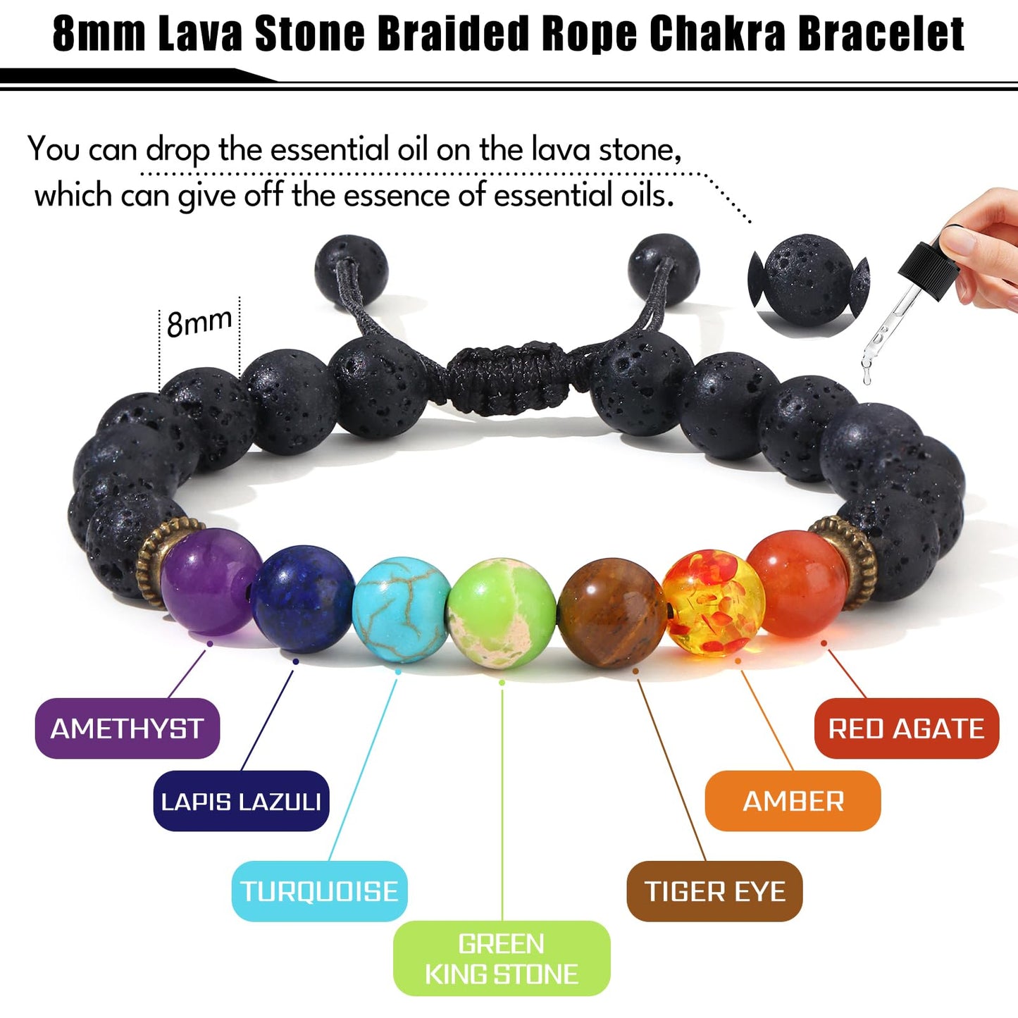 Giovanchi 1 Pcs Lava Rock 7 Chakra Bracelets Adjustable Braided Rope Natural Stone Yoga Stretch Elastic Healing Bead Bracelets for Men Women